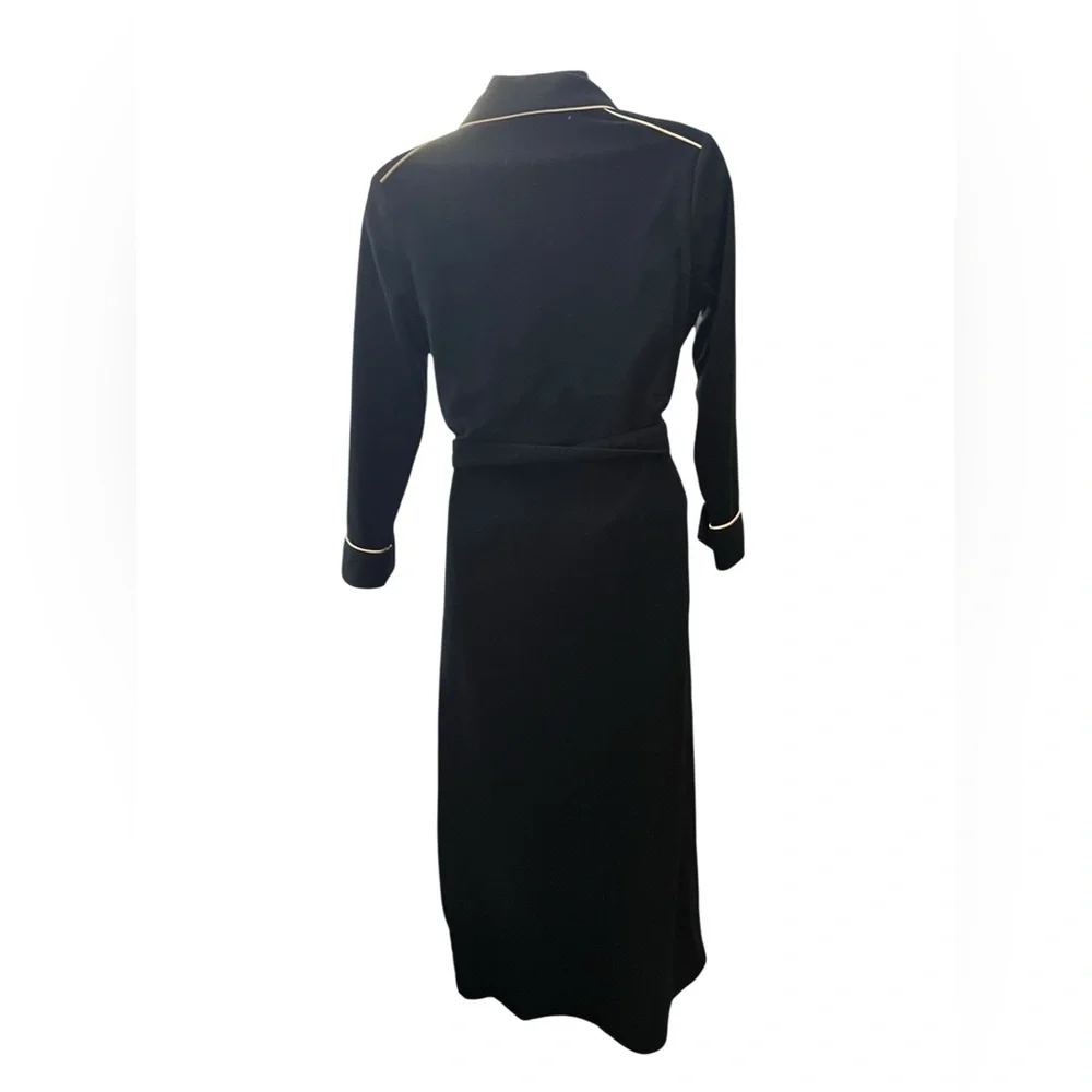 Vintage 70s Bill Blass Shawl Collar Robe Crest Embroidered Piping Trim Black M